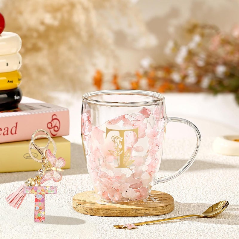 BigNoseDeer Gifts for Women Glass Coffee Mugs Unique Birthday Gift for Women Her Ladies Espresso Tea Cups Personalised Friendship Wedding Gifts Cute Double Walled Glass Mugs Pink Stuff Graduation Gift (Letter T) - Image 5