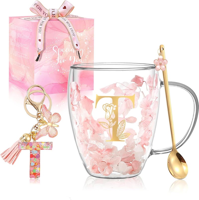 BigNoseDeer Gifts for Women Glass Coffee Mugs Unique Birthday Gift for Women Her Ladies Espresso Tea Cups Personalised Friendship Wedding Gifts Cute Double Walled Glass Mugs Pink Stuff Graduation Gift (Letter T) - Image 1