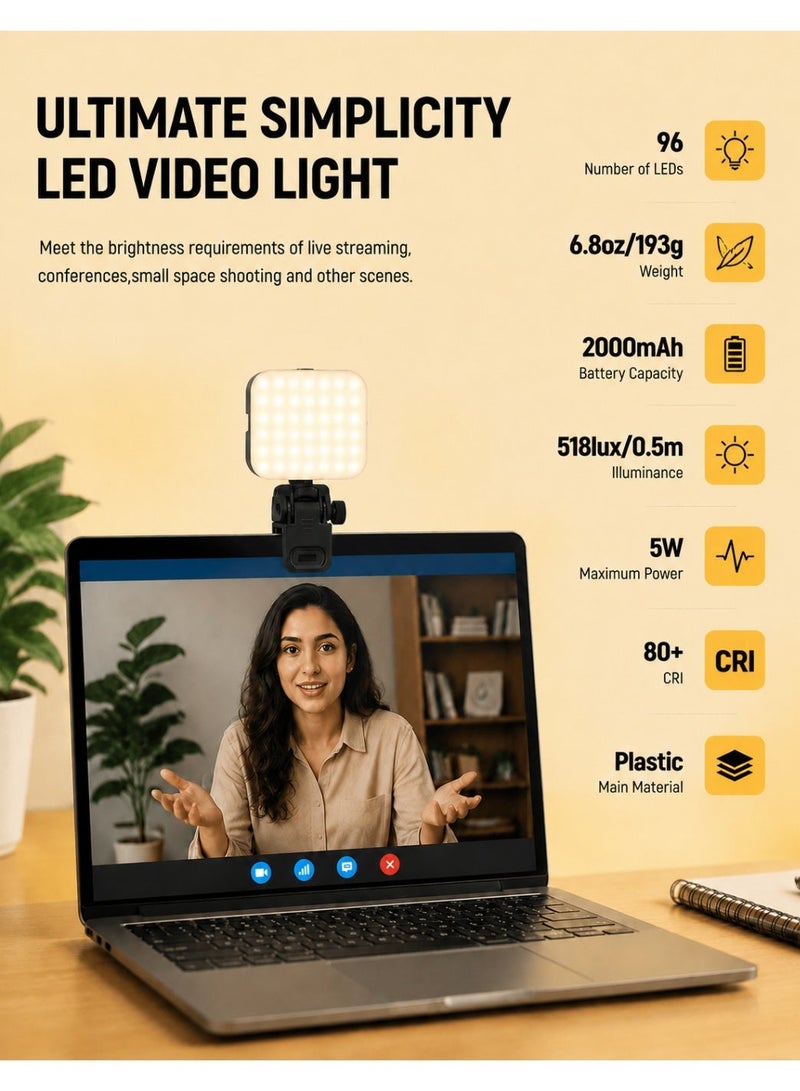 عينة ضوء سيلفي للهاتف بمشبك، بإضاءة LED عالية الطاقة 96 مصباحاً، بسعة 2000 مللي أمبير/ساعة، نطاق حرارة لونية 3000-9000 كلفن، مؤشر تجسيد لون CRI 80+، ضوء كاميرا LED مغناطيسي مع 3 أوضاع إضاءة، مشبك محمول للهاتف/اللوحي/الكمبيوتر المحمول، مناسب للاجتماعات وفيديوهات تيك توك. - Image 4