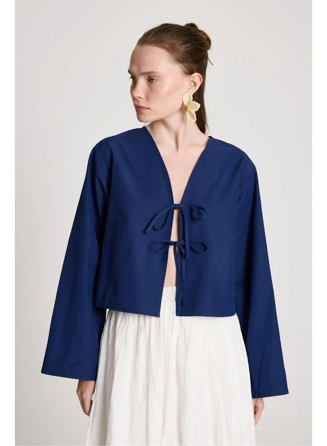 mina aise Women's Navy Blue Poplin Front-Tied Blouse 29085