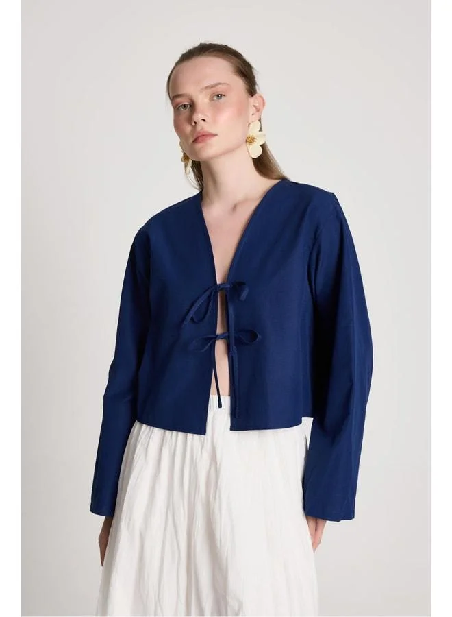 mina aise Women's Navy Blue Poplin Front-Tied Blouse 29085