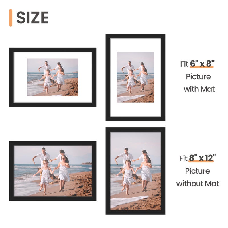 upsimples 8x12 Picture Frame Set of 5, Display Pictures 6x8 with Mat or 8 x 12 Without, Wall Gallery Photo Frames, Black - Image 5