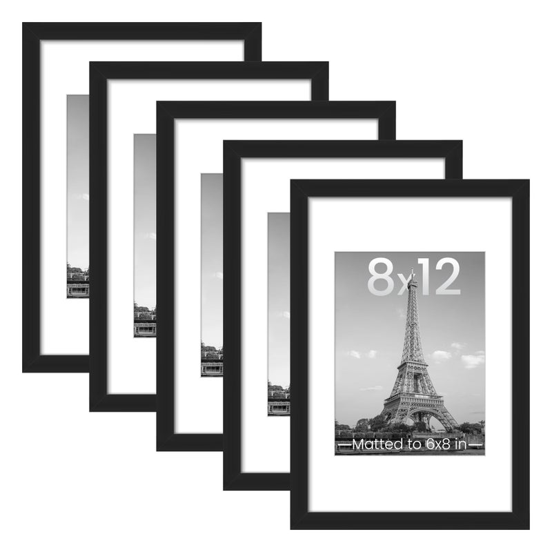 upsimples 8x12 Picture Frame Set of 5, Display Pictures 6x8 with Mat or 8 x 12 Without, Wall Gallery Photo Frames, Black - Image 1