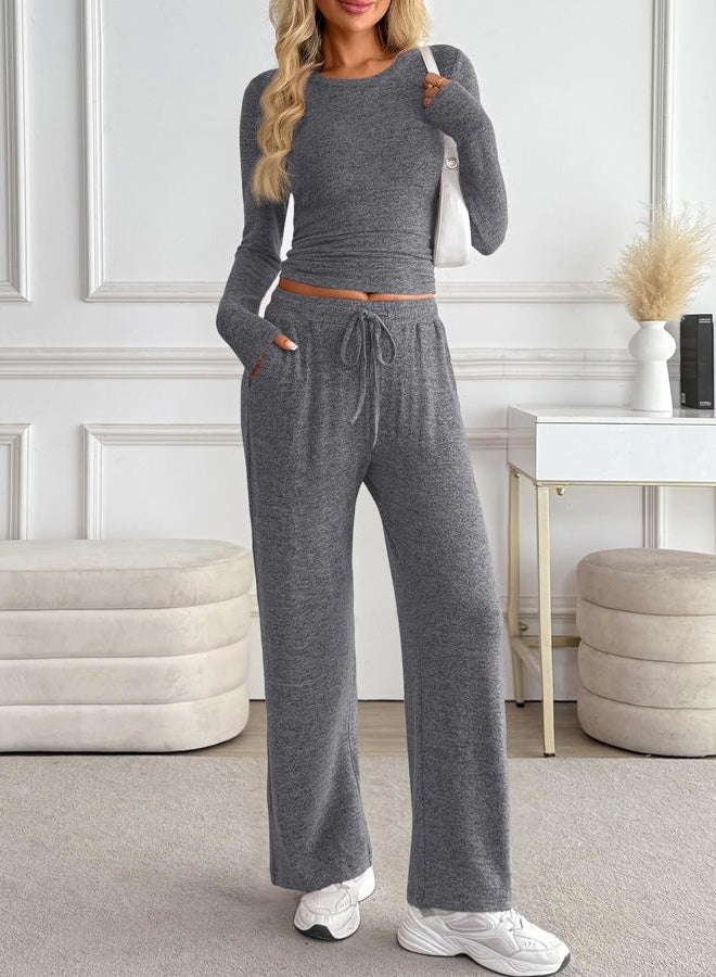 LILLUSORY Womens 2 Piece Matching Lounge Sets 2025 Fall Fashion Knit Sweater Airport Travle Vacation Outfits Gym Sweatsuits, Grey, S - Image 2