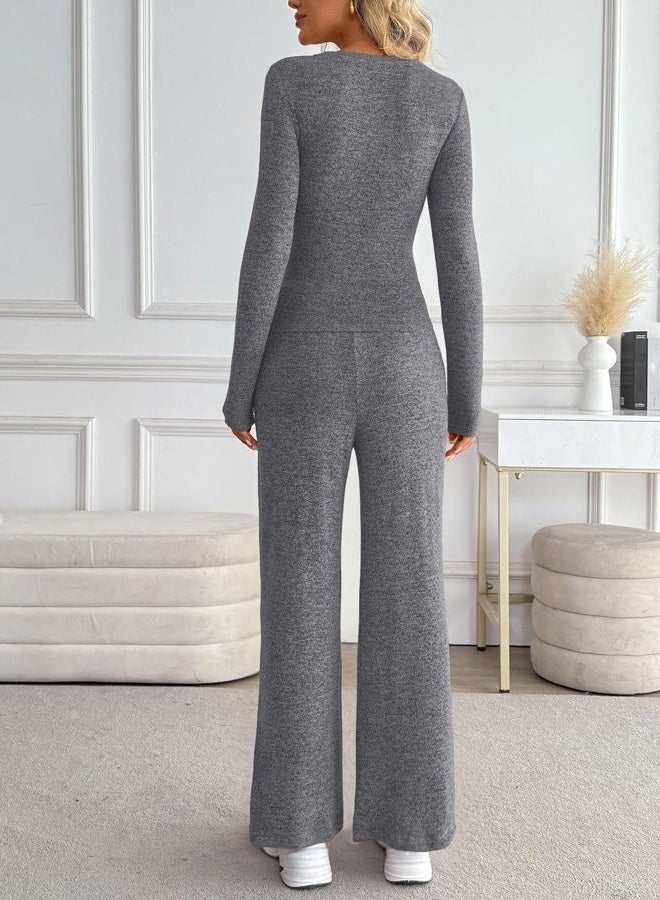 LILLUSORY Womens 2 Piece Matching Lounge Sets 2025 Fall Fashion Knit Sweater Airport Travle Vacation Outfits Gym Sweatsuits, Grey, S - Image 4