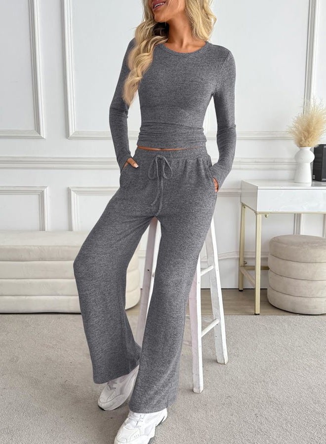 LILLUSORY Womens 2 Piece Matching Lounge Sets 2025 Fall Fashion Knit Sweater Airport Travle Vacation Outfits Gym Sweatsuits, Grey, S - Image 3