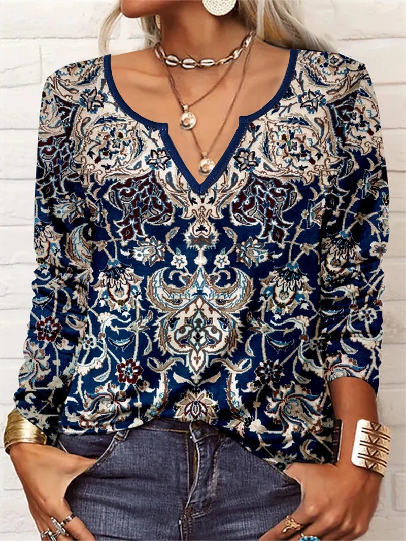 2025 Spring Loose Long Sleeve Flower Mang V-neck T-shirt Base Shirt Women's Wear - Image 1