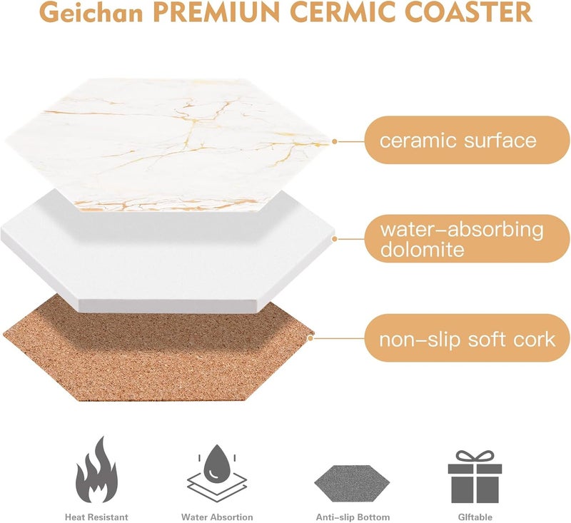 Geichan Marble Coasters for Drinks Absorbent with Cork Base, 6pcs Drink Coasters for Wooden Table with Metal Holder, Gold Ceramic Cup Coaster Set Home Decor for Housewarming - Image 5