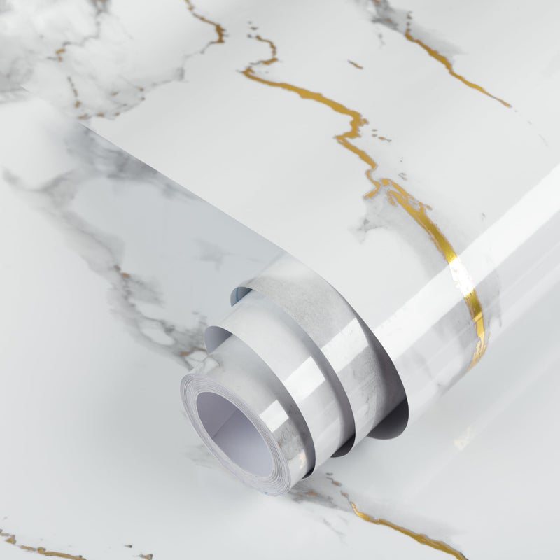 practicalWs Glossy Marble Wallpaper Peel and Stick White/Gold Granite Contact Paper Removable Wall Paper for Kitchen Countertop Cabinet Furniture 17.7" x 78.7" - Image 1