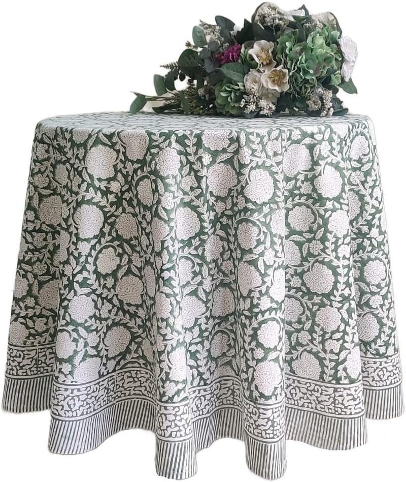 ATOSII Shalimar Green 100 Cotton Round Boho Fall Tablecloth Handblock Floral Table Cloth Linen for Kitchen Dining I Parties Wedding Outdoors Christmas Thanksgiving I Fall Home Decor 72 Inches Round - Image 2