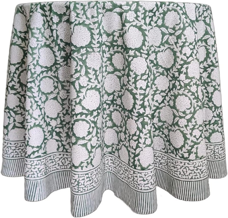 ATOSII Shalimar Green 100 Cotton Round Boho Fall Tablecloth Handblock Floral Table Cloth Linen for Kitchen Dining I Parties Wedding Outdoors Christmas Thanksgiving I Fall Home Decor 72 Inches Round - Image 1