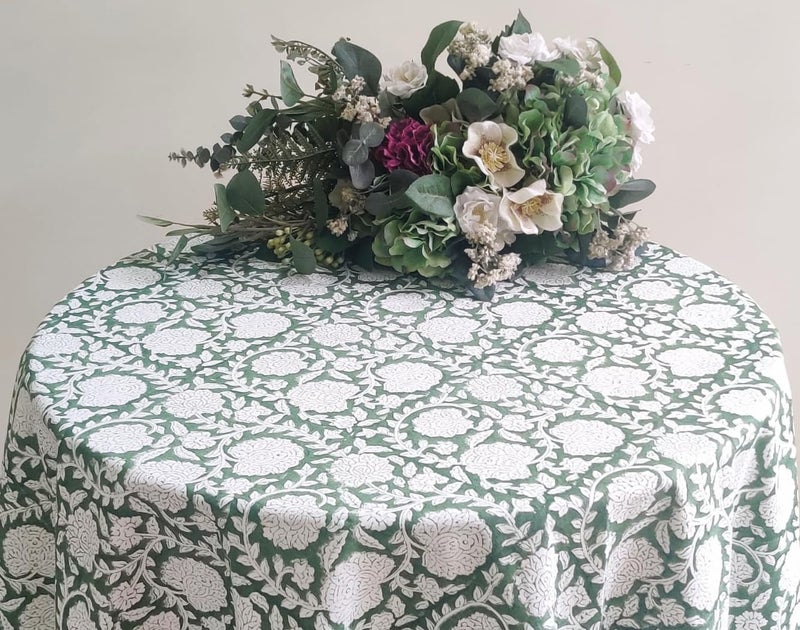 ATOSII Shalimar Green 100 Cotton Round Boho Fall Tablecloth Handblock Floral Table Cloth Linen for Kitchen Dining I Parties Wedding Outdoors Christmas Thanksgiving I Fall Home Decor 72 Inches Round - Image 3