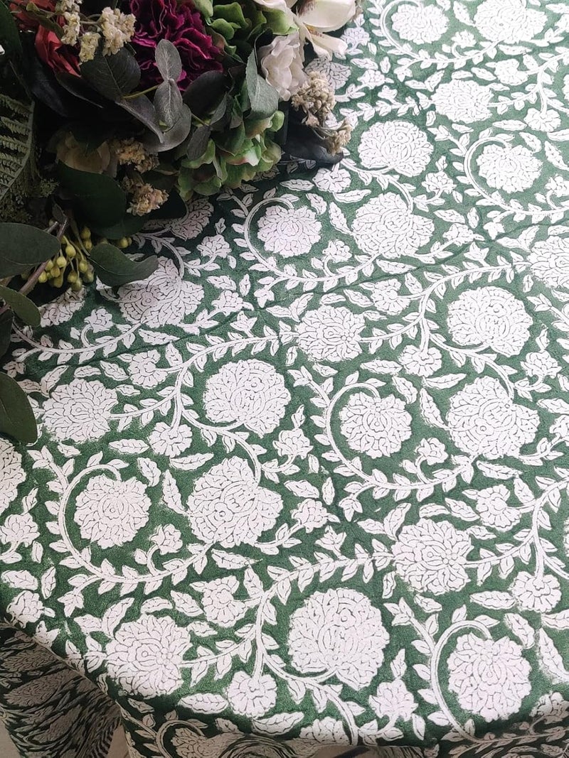 ATOSII Shalimar Green 100 Cotton Round Boho Fall Tablecloth Handblock Floral Table Cloth Linen for Kitchen Dining I Parties Wedding Outdoors Christmas Thanksgiving I Fall Home Decor 72 Inches Round - Image 4