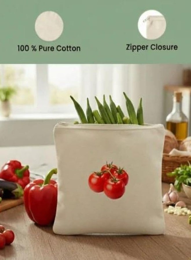 ONE POINT COLLECTIONS 100% Cotton Reusable Fridge Storage Bags for Vegetables and Fruits Quality Multipurpose Eco Friendly Bags Large, Size Bags printed vegetable cotton zipper bag (Pack of 3) - Image 2