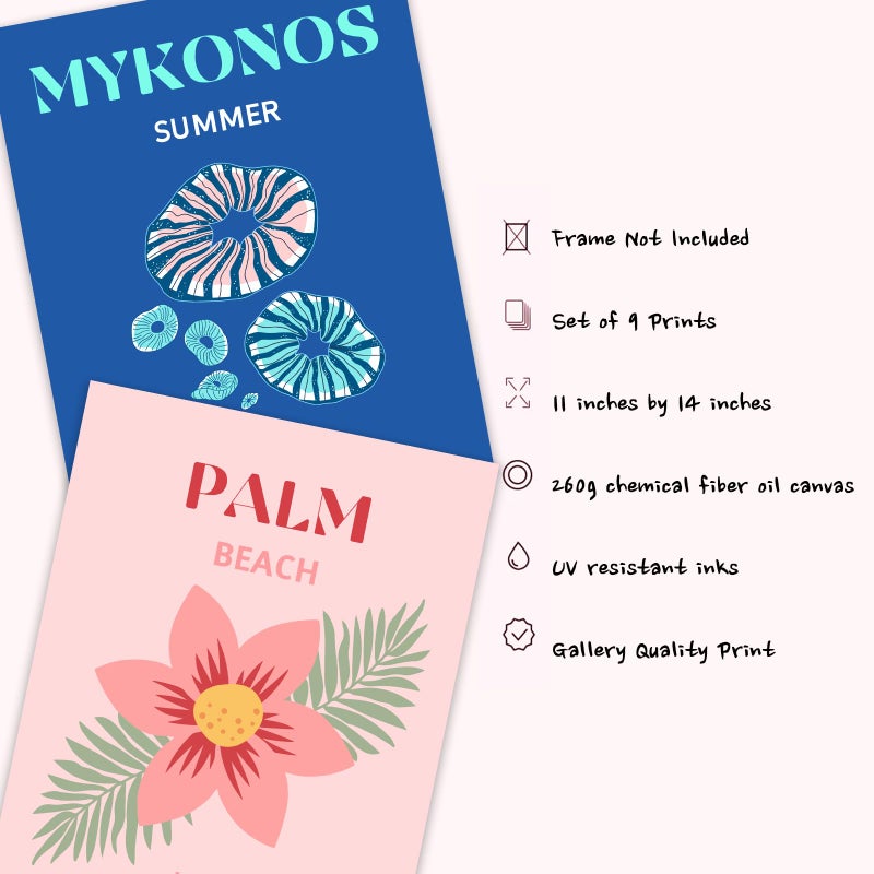 وولاين Whaline 9pcs Preppy Travel Canvas Art Art يطبع الملونة الملونة الجمالية ديكور ملصق فني الحد الأدنى لغرفة غرفة النوم غرفة الكلية الوردي (غير مؤلف 11 × 14in) - Image 2