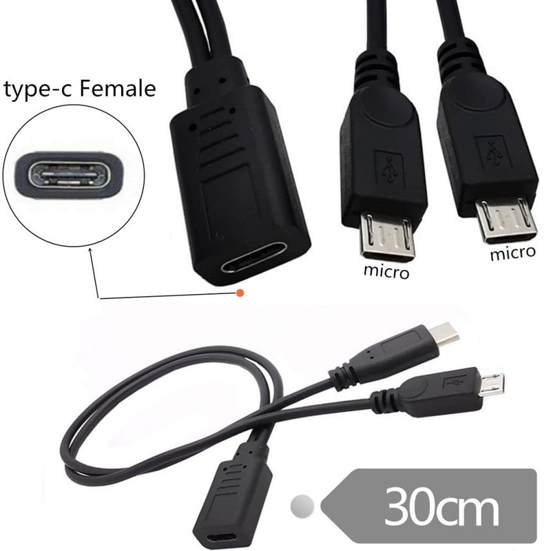 تشينيانغ كابل شحن متعدد الوصلات من نوع USB C Splitter، كابل تمديد من نوع USB C (مناظرة واحدة إلى منفذ Micro USB) يدعم شحن جهازين في نفس الوقت، طول الكابل: 0.98 قدم (0.3 متر). - Image 3
