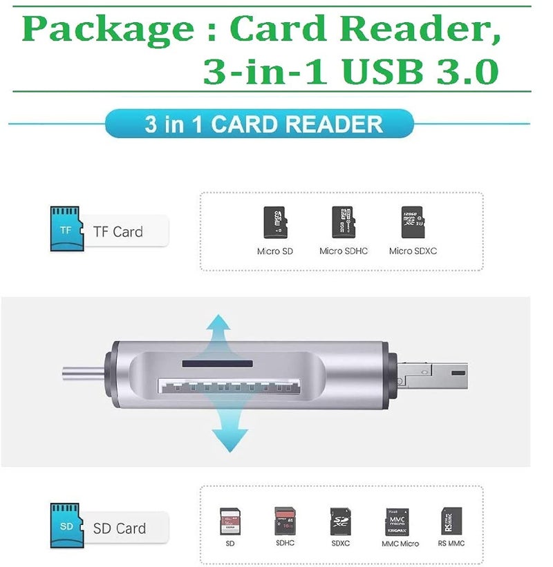 Famous Quality® 3 in 1 USB 3.0, USB C, Micro USB Card Reader SD, Micro SDXC Memory Card Reader for MacBook PC Tablets Smartphones - Image 3