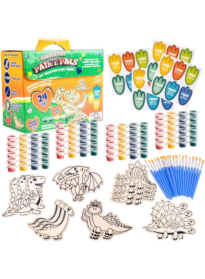 SCS Direct Dinosaur Wood Painting Kits (24 Ct) Perfect Goodie Bag Party Favors For Kids Birthday Party Each Has A Dino Wood Craft Paints Brush & Sticker For Boys & Girls Kids Multi Item Party Favor Packs - Image 1