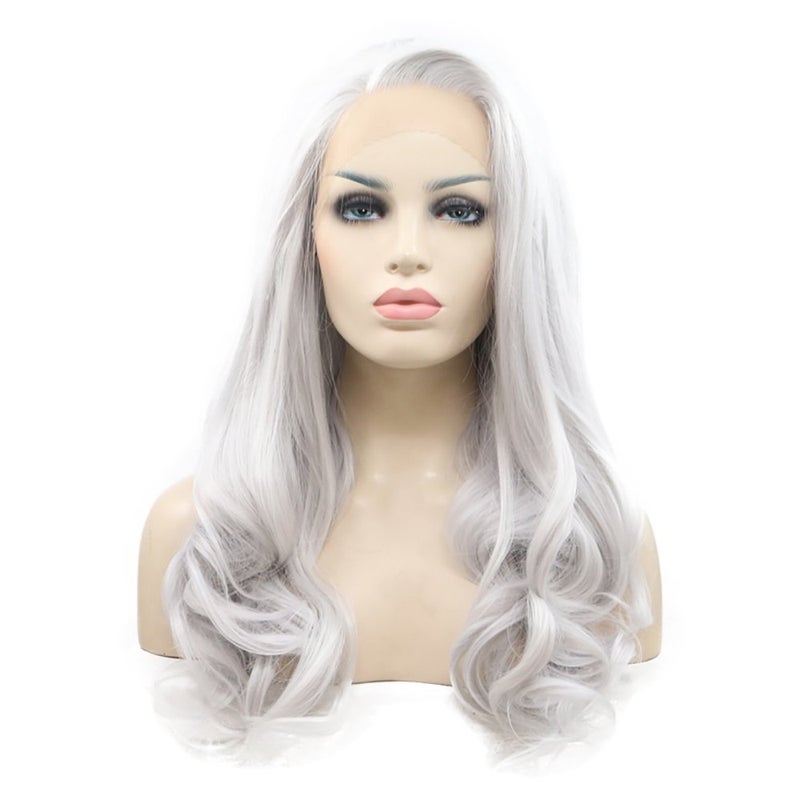 Melody Wig Silver Gray Lace Wigs For Women Body Wave Side Part Silver Grey Synthetic Lace Front Wigs 180 Density Half Hand Tied Heat Resistant Fiber Hair 24