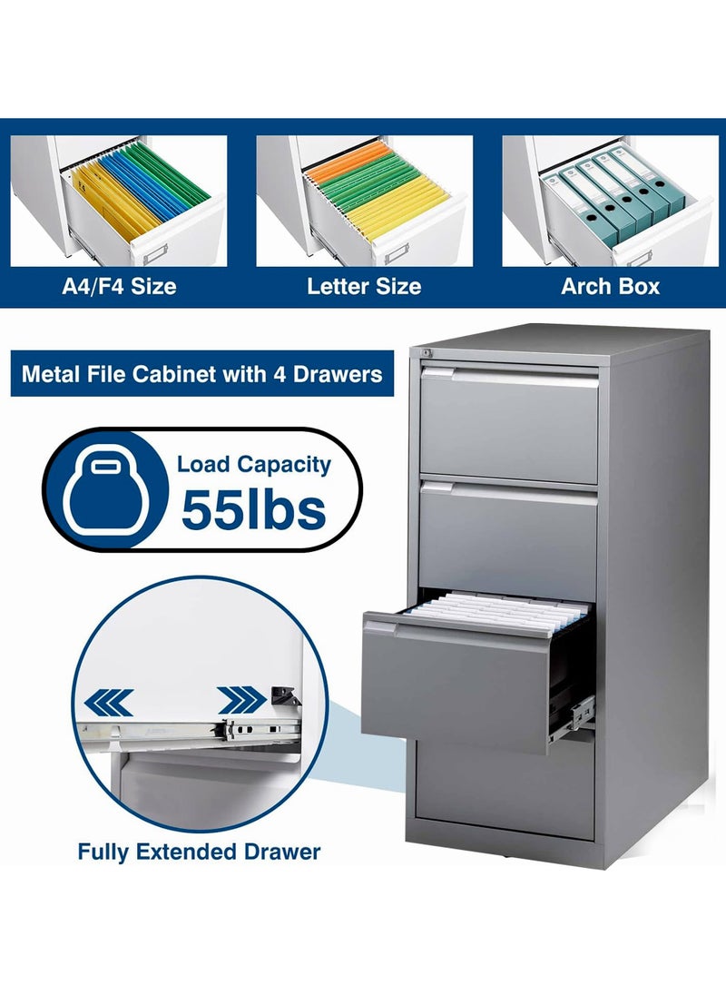 Metal Cabinet with 4 Drawers, Vertical File Cabinet, Office Storage Cabinet