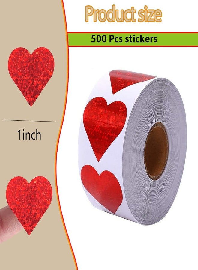 Hrnsnails 500Pcs Valentines Stickers Roll - Laser Red Heart Shape Self-Adhesive Sealing Stickers, Red Sparkly Waterproof Decals for Valentines Party Envelope Scrapbook Decor - Image 3