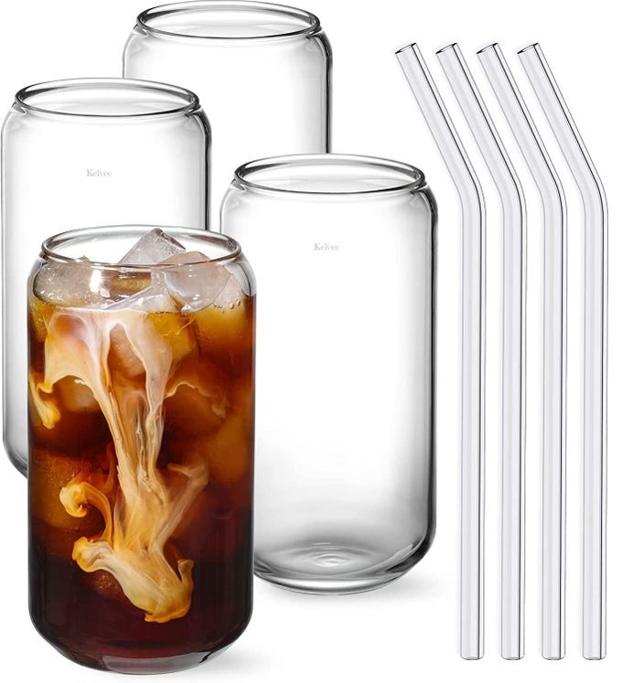 BEER GLASSES CAN SHAPED GLASS TUMBLER DRINKING GLASSES WITH GLASS STRAW FOR JUICEICED COFFEE SMOOTHIES SODA ANY COLD BEVERAGES AND ANY PARTY SET OF 4 400ML