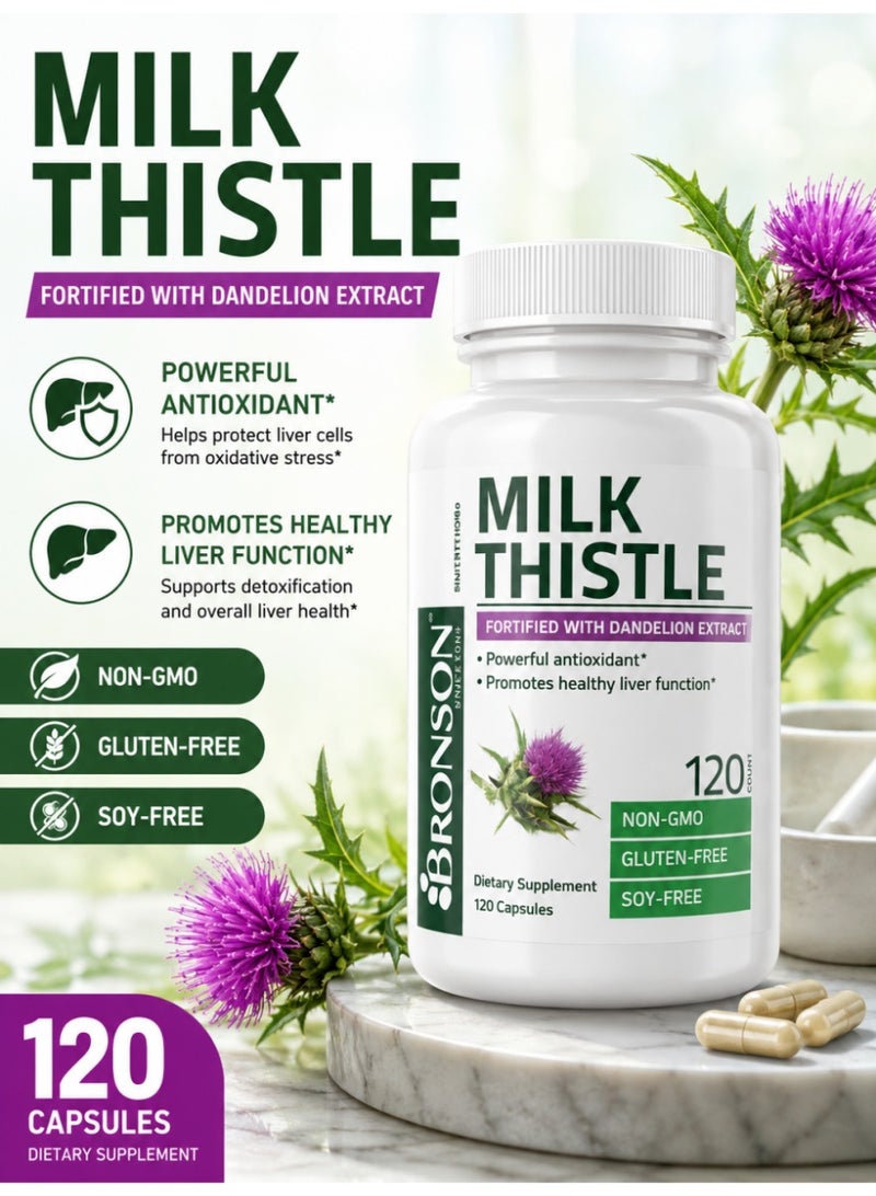 Milk Bronson Milk Thistle with Dandelion Extract, Liver Health Support Supplement, Powerful Antioxidant for Liver Detox & Cleanse, Non-GMO Gluten Free Soy Free, 120 Capsules - Image 1