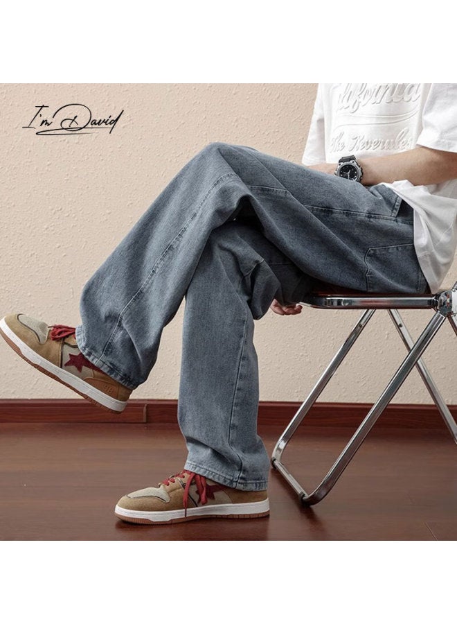 I'm David New Retro Moisture-wicking Jeans For Men, Spring And Autumn Casual Drawstring Trousers, Trendy Loose Straight-leg Men's Pants - Image 4
