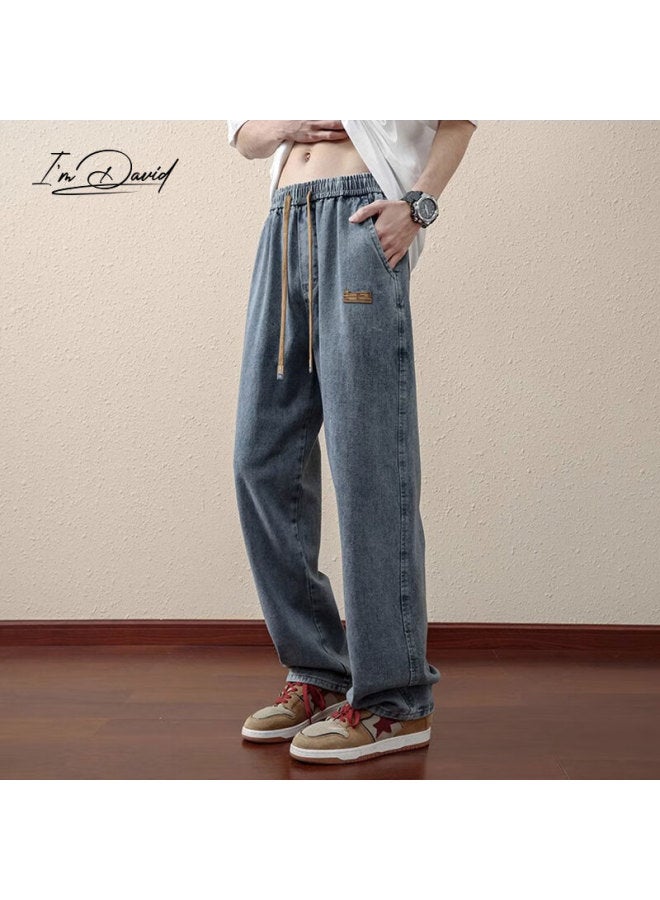 I'm David New Retro Moisture-wicking Jeans For Men, Spring And Autumn Casual Drawstring Trousers, Trendy Loose Straight-leg Men's Pants - Image 1