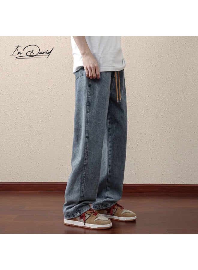 I'm David New Retro Moisture-wicking Jeans For Men, Spring And Autumn Casual Drawstring Trousers, Trendy Loose Straight-leg Men's Pants - Image 2