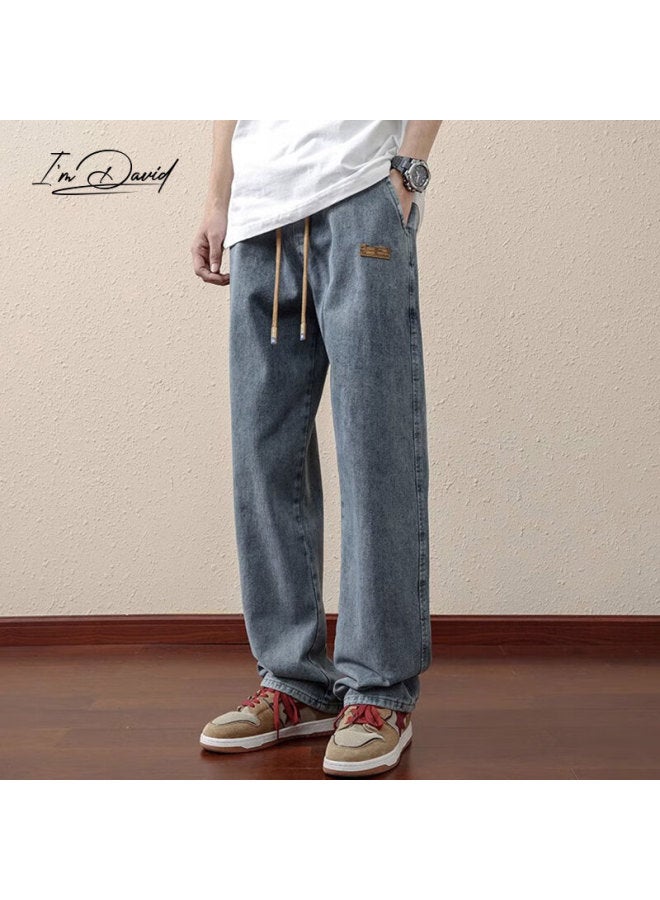 I'm David New Retro Moisture-wicking Jeans For Men, Spring And Autumn Casual Drawstring Trousers, Trendy Loose Straight-leg Men's Pants - Image 3