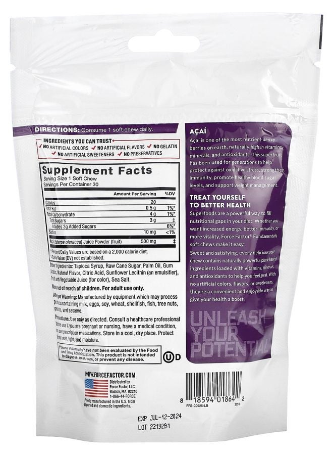 Force Factor Fundamentals Acai 30 Soft Chews (500 mg per Chew) - Image 2