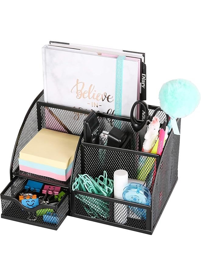 SAGREENY - Mesh Desk Organizer Desktop Office Supplies Multi Functional Caddy Pen Holder Stationery With 6 Compartments And 1 Drawer For Office Home School Classroom - Image 1