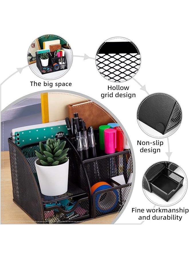 SAGREENY - Mesh Desk Organizer Desktop Office Supplies Multi Functional Caddy Pen Holder Stationery With 6 Compartments And 1 Drawer For Office Home School Classroom - Image 1