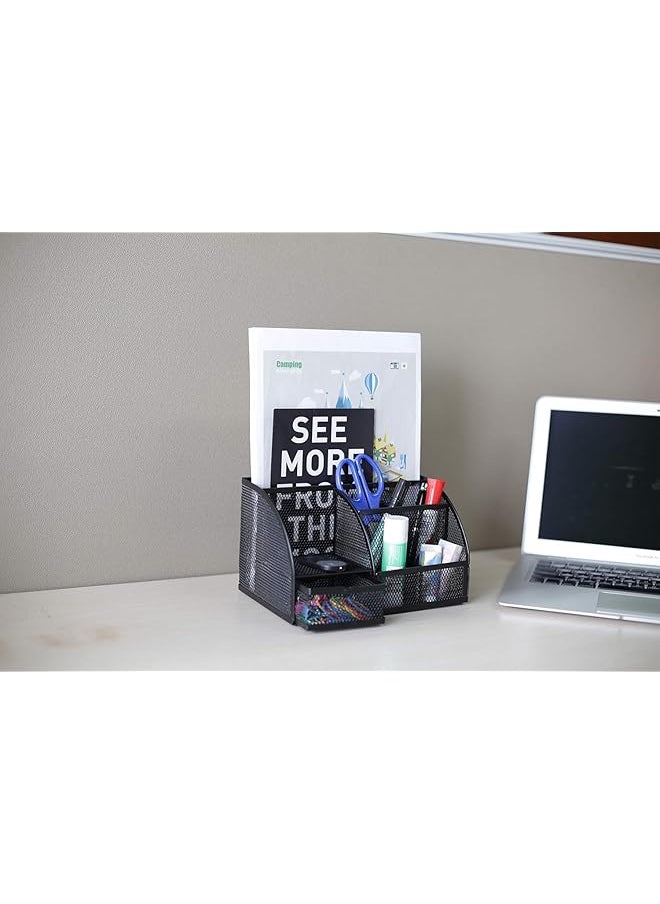 SAGREENY - Mesh Desk Organizer Desktop Office Supplies Multi Functional Caddy Pen Holder Stationery With 6 Compartments And 1 Drawer For Office Home School Classroom - Image 1