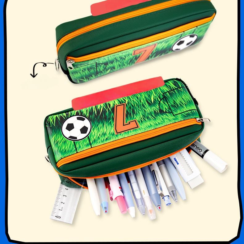Kids Pencil Case Football Print 6-12 Years, School Supplies Large Capacity Multi-Layer Easy-to-Clean Stationery Bag - Image 5