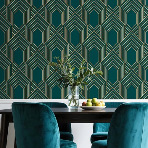 Stickyart Art Deco Geometric Wallpaper Peel and Stick Gold Line Dark Green Wallpaper Removable 1920s Luxury Art Deco Line Geometric Contact Paper Minimalist for Cabinet Accent Wall 17.5"x80" - Image 5