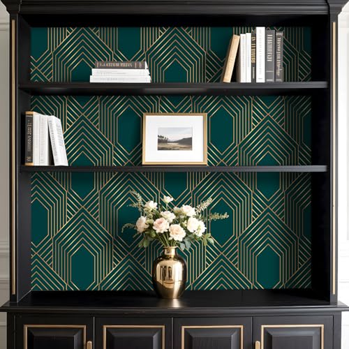 Stickyart Art Deco Geometric Wallpaper Peel and Stick Gold Line Dark Green Wallpaper Removable 1920s Luxury Art Deco Line Geometric Contact Paper Minimalist for Cabinet Accent Wall 17.5"x80" - Image 3