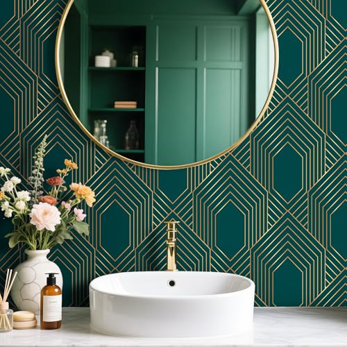 Stickyart Art Deco Geometric Wallpaper Peel and Stick Gold Line Dark Green Wallpaper Removable 1920s Luxury Art Deco Line Geometric Contact Paper Minimalist for Cabinet Accent Wall 17.5"x80" - Image 2