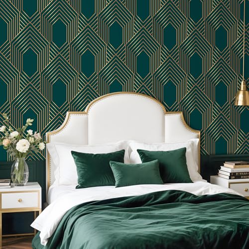 Stickyart Art Deco Geometric Wallpaper Peel and Stick Gold Line Dark Green Wallpaper Removable 1920s Luxury Art Deco Line Geometric Contact Paper Minimalist for Cabinet Accent Wall 17.5"x80" - Image 4