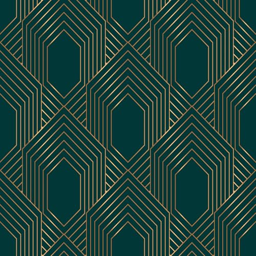 Stickyart Art Deco Geometric Wallpaper Peel and Stick Gold Line Dark Green Wallpaper Removable 1920s Luxury Art Deco Line Geometric Contact Paper Minimalist for Cabinet Accent Wall 17.5"x80" - Image 1