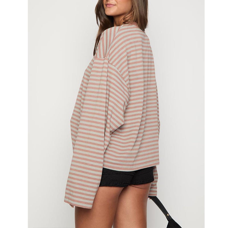 KOSUSANILL Striped Long Sleeve Shirt Women Oversized Baggy Tshirt Crewneck Boxy Cropped Tee Tops Drop Shoulder Y2K Cute Preppy Sweatshirt Vintage Teen Girls Fall Pullover Top (Pink, S) - Image 4