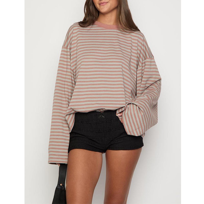 KOSUSANILL Striped Long Sleeve Shirt Women Oversized Baggy Tshirt Crewneck Boxy Cropped Tee Tops Drop Shoulder Y2K Cute Preppy Sweatshirt Vintage Teen Girls Fall Pullover Top (Pink, S) - Image 2