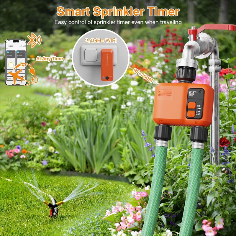 XinFuture WiFi Water Timer for Garden Hose with 300M Range,Smart 2- Zone Sprinkler Timer, APP & Remote Control, Voice Control,Rain Delay, Manual Mode Sprinkler System, Lawn Sprinklers for Yard Large Area - Image 4