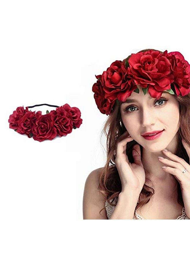 DNHCLL Rose Flower Crown Fake Flower Crowns Headbands For Women Girl Rose Floral Head Piece Hair Crown Pet Headband Flower Wreath (Red) - Image 5