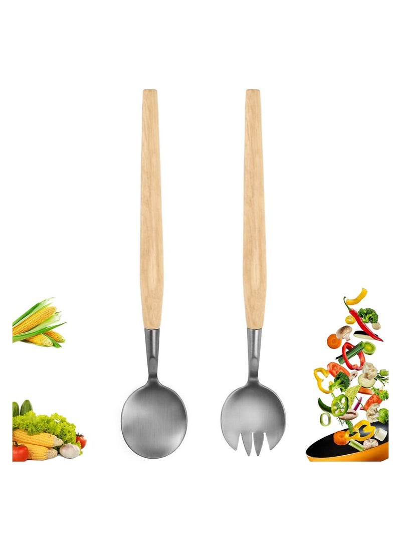 SYOSI 2 Pcs Salad Servers Set, Long Handle Salad Mixing Dinner Fork and Spoon Tableware Cutlery Set Kitchen Utensil Salad Spoon with Wooden Handle for Fruits Parties Meals - Image 1