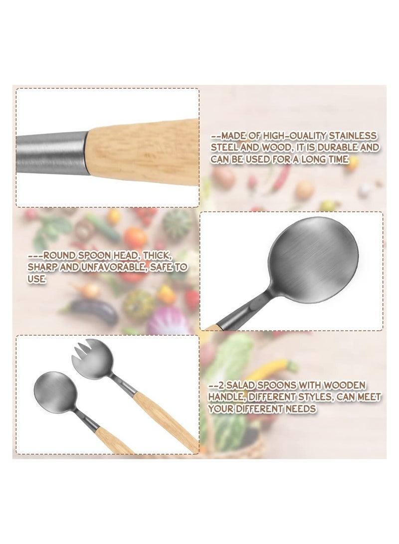 SYOSI 2 Pcs Salad Servers Set, Long Handle Salad Mixing Dinner Fork and Spoon Tableware Cutlery Set Kitchen Utensil Salad Spoon with Wooden Handle for Fruits Parties Meals - Image 3