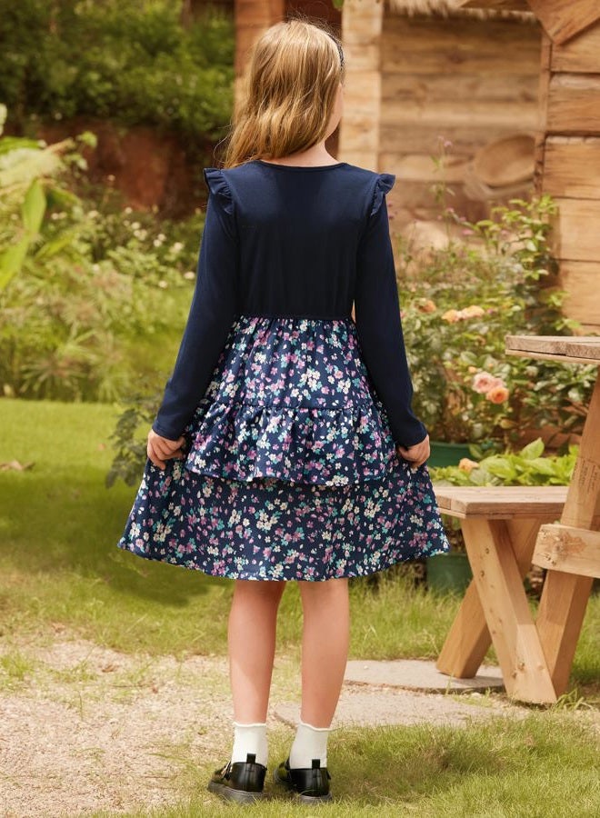 GRACE KARIN Girls Long Sleeve Fall Dresses Solid Ruffle Floral Tiered Midi Dress with Belt for 6-13 Years Kids, Navy Floral, 6 Years - Image 3