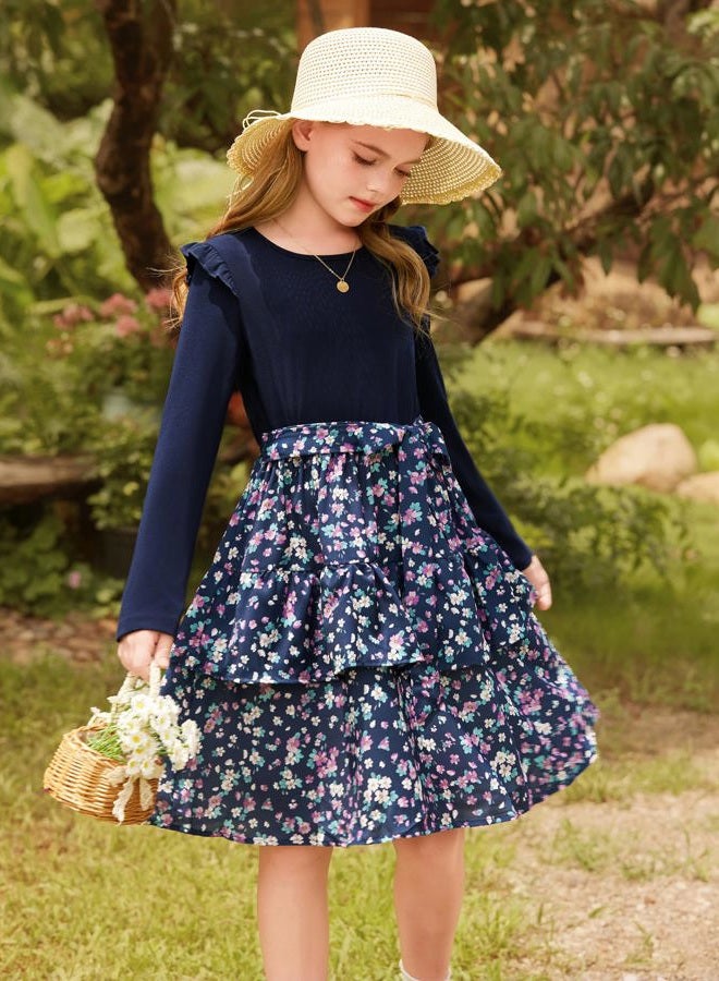 GRACE KARIN Girls Long Sleeve Fall Dresses Solid Ruffle Floral Tiered Midi Dress with Belt for 6-13 Years Kids, Navy Floral, 6 Years - Image 2