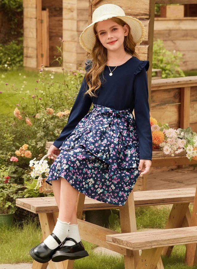 GRACE KARIN Girls Long Sleeve Fall Dresses Solid Ruffle Floral Tiered Midi Dress with Belt for 6-13 Years Kids, Navy Floral, 6 Years - Image 5